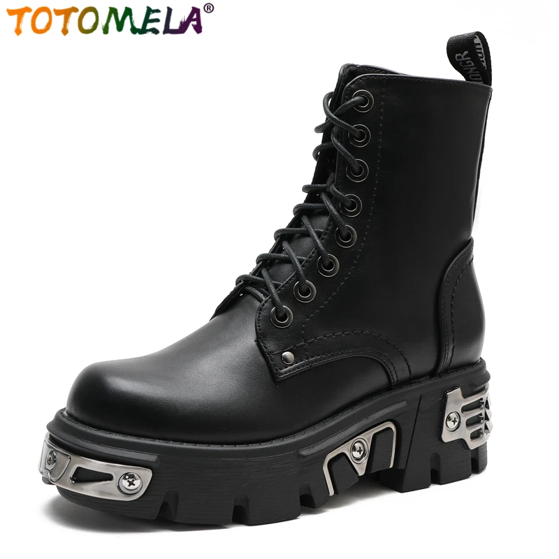 

TOTOMELA Size 34-42 Brand Punk Women Boots Lace Up Platform Ankle Boots Autumn Winter Metal Combat Motorcycle Booties