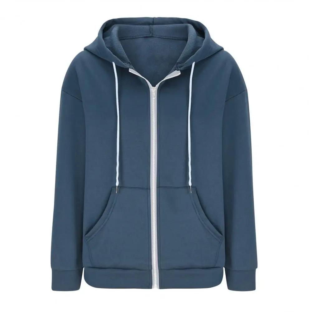Autumn Spring Women Coat Hooded Drawstring Long Sleeves Pockets Zip-up Elastic Cuff Hem Loose Sport Hoodie Casual Daily Wear Jac