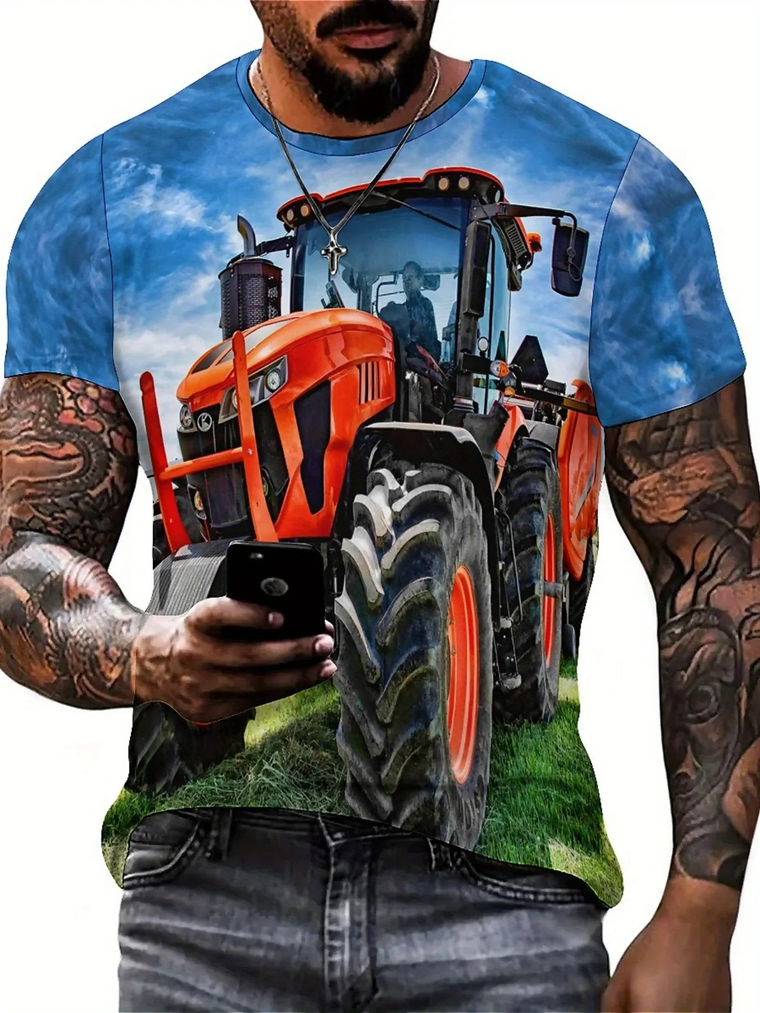 Camiseta masculina e feminina de manga curta com estampa 3D de trator agrícola – poliéster leve e respirável, conforto para todas as estações,