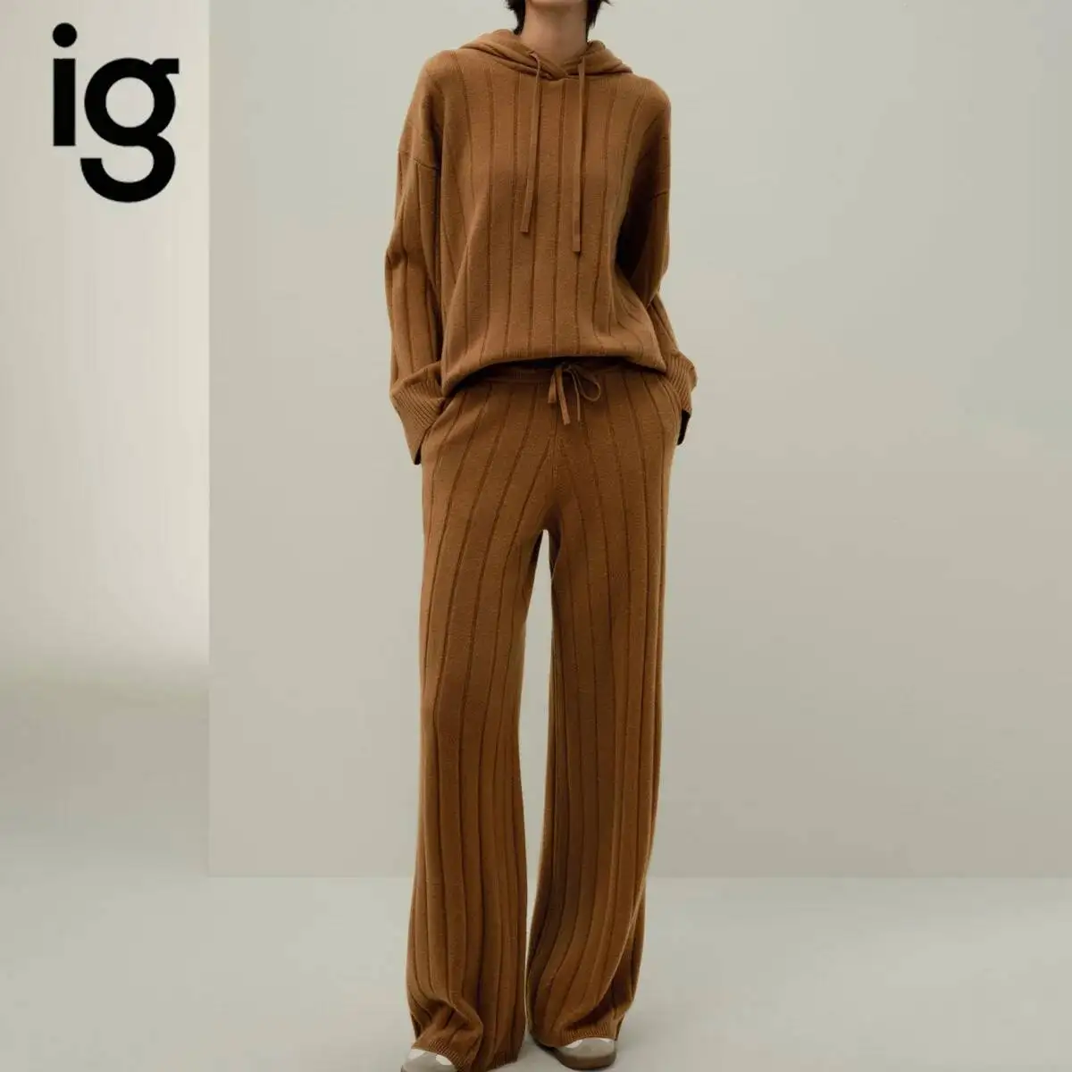 IG 2026 Women's Vertical Rib Knit Two Piece Loungewear Set, Drawstring Hood Oversized Long Sleeve Pullover & Elastic Drawstring