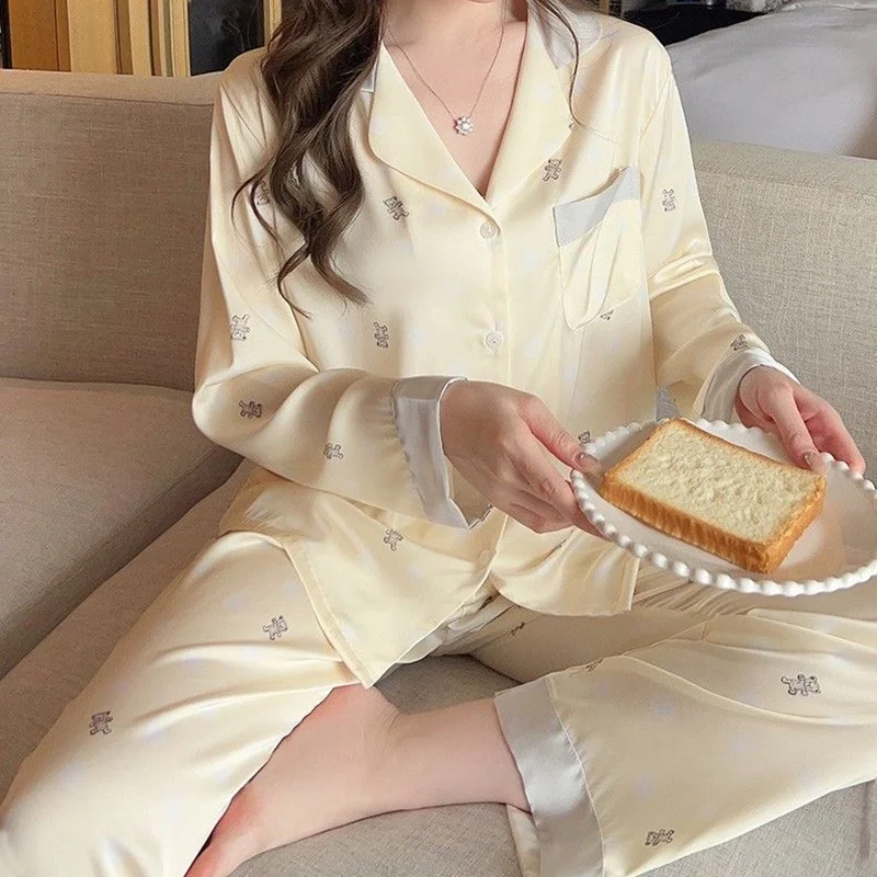 Two Sets of Women\'s Long-Sleeved Pajamas Bubble Bear Ice Silk Advanced Sense of Silky Smooth Fashion Simple Cute Sweet Style