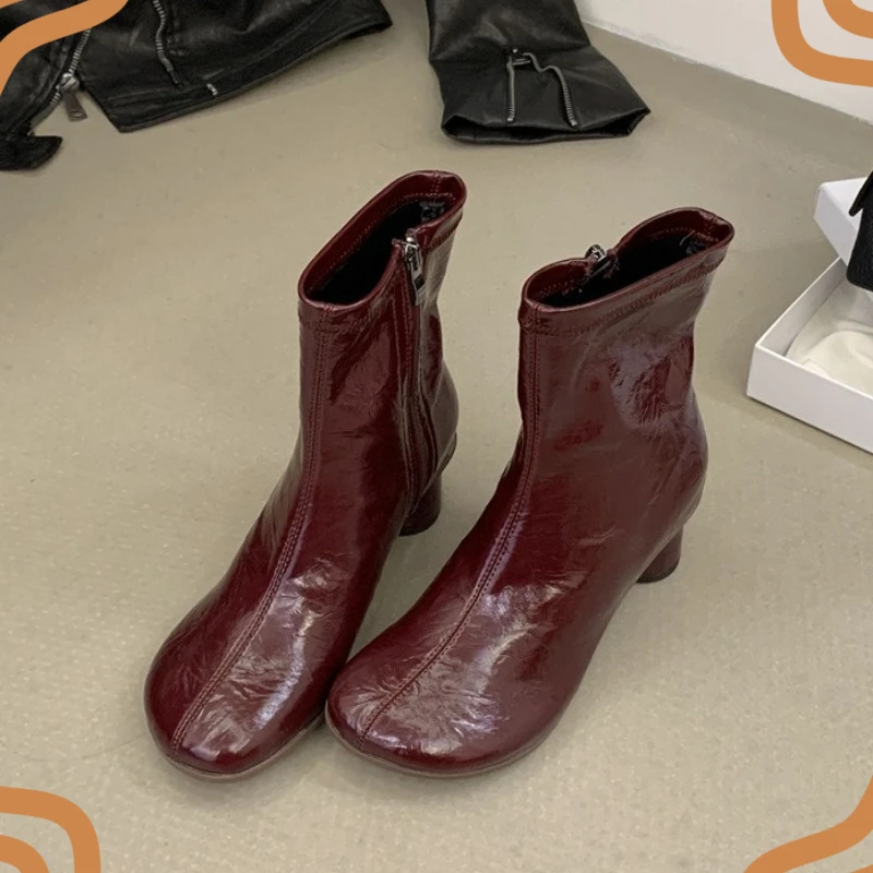 New Women's Shoes Retro French Round Toe Ankle Boots for Woman Exquisite Side Zipper High Heel Boots Designer Shoes Botas Mujer