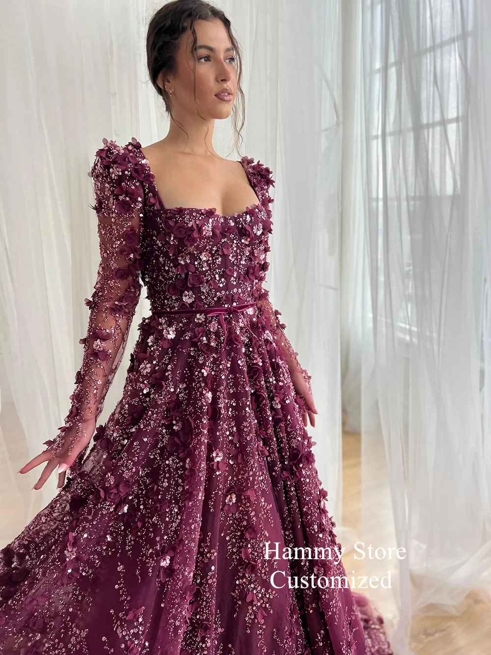 Luxury Shinny Lace Evening Dress for Wedding Party Customized Long Sleeves Square Neck Beading Flower A Line Dubai Prom Gown image 3