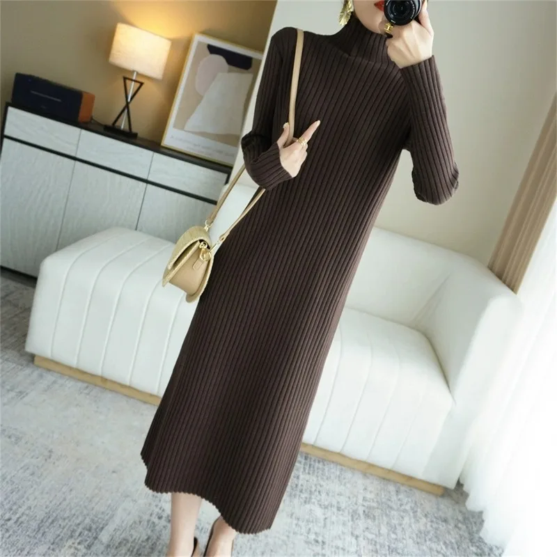 2025 novo outono inverno vestido de gola alta camada interna vestido de manga comprida cor sólida solto meados de comprimento tricô camisola vestido cq306
