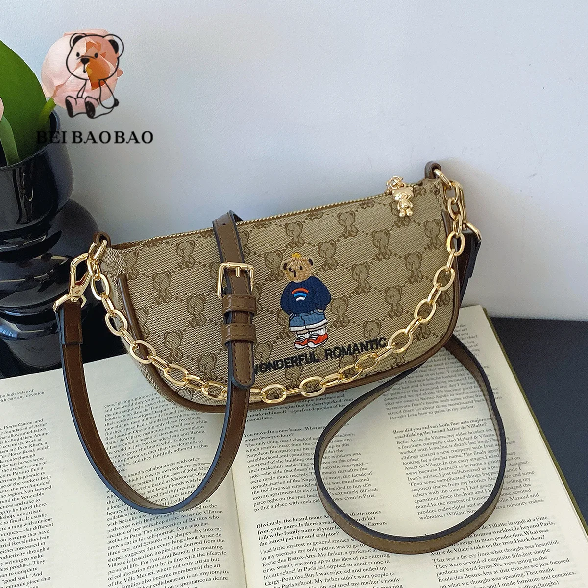 Beibaobao New 2024 Casual Fashion Shoulder Crossbody Bag Cartoon Bag Chain Canvas Bag Bear Mini Women\'s Bag Одноплечий мешок