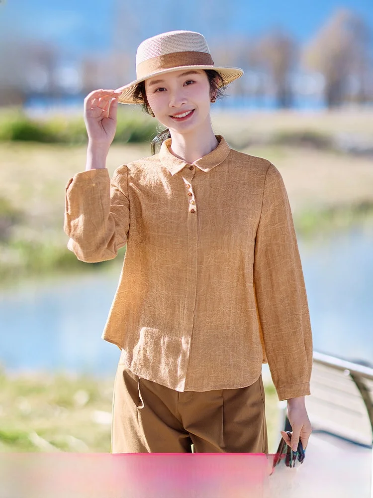 

Red Orange Linen irt Women's Long Sve Loose Design Spring 2025 Casual Elegance Top Comfortable Breathable Eco-Friendly
