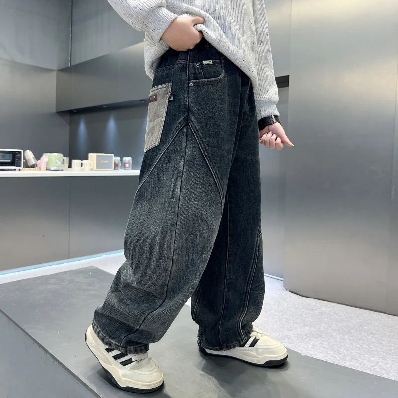 

Джинсовые брюки для мальчиков, повседневные утолщенные теплые джинсовые брюки на флисовой подкладке для детей от 5 до 14 лет, детские зимние утепленные изогнутые брюки в стиле ретро