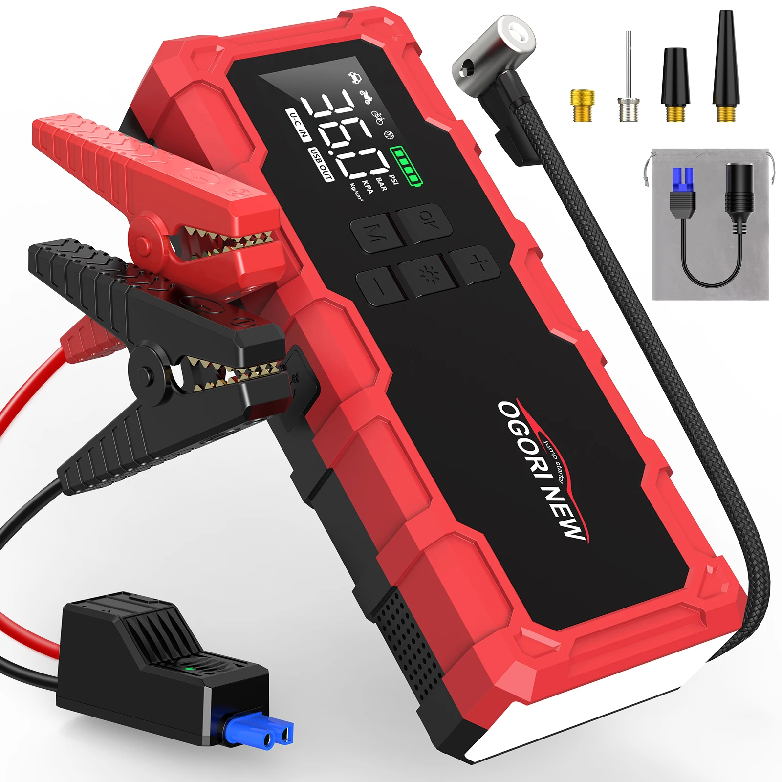 Démarreur de saut avec compresseur d'air 150PSI, Booster de batterie de voiture portable 8000/9000A (tous les gaz/16L Diesel)