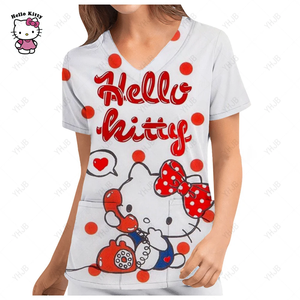 Uniforme de enfermera para mujer, manga corta, nuevo uniforme de trabajo de Hello Kitty, blusa de bolsillo, Tops, uniformes médicos de enfermería, 2025