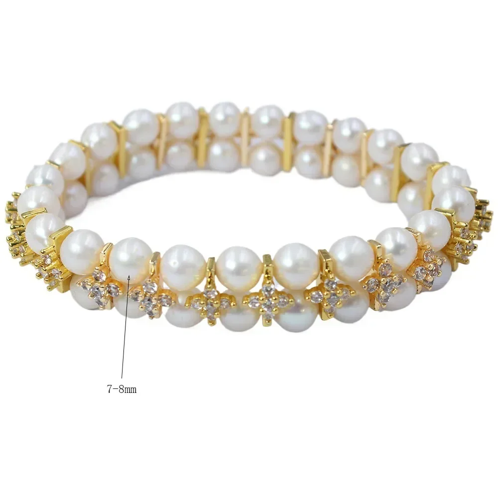 

2-ниточные 7-8 мм натуральные круглые бусины из пресноводного жемчуга Эдисона, регулируемые ювелирные изделия, эластичный браслет 7-8 дюймов