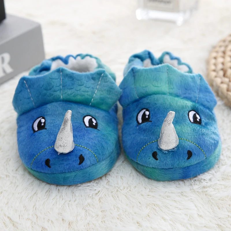 New Toddler Boys Slippers Indoor Winter Cartoon 3D Dinosaur Plush Warm Kid House Footwear Soft Rubber Sole Home Shoes Baby Items