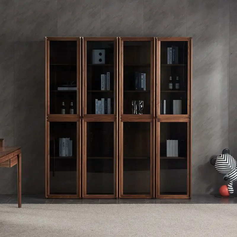 North American black walnut bookcase combination all solid wood with glass door locker