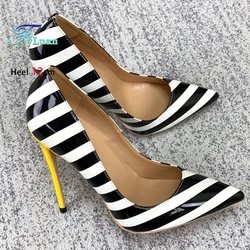 New Classic Pointed Toe Thin Heel Pumps Sexy Party Dress Women Shoes 8/10/12CM Black And White Striped Shallow Mouth Shoes Woman