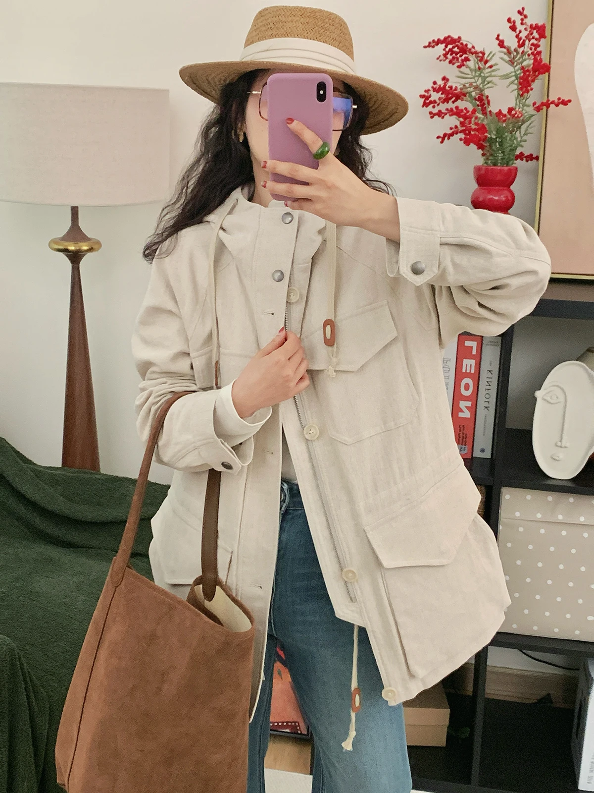 

Повседневная женская куртка из хлопка и льна с капюшоном, воротником-стойкой, регулируемой талией и 3D-карманами, в стиле для поездок на работу