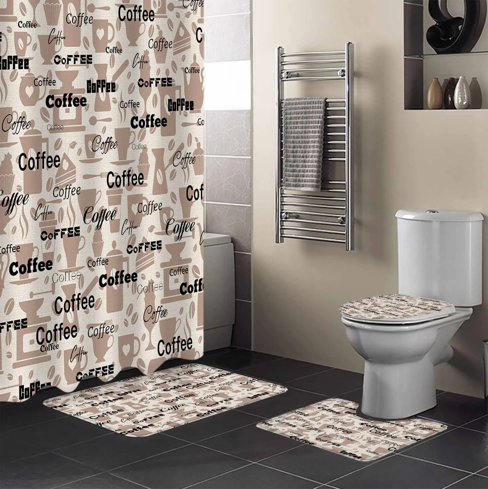 Coffee Pattern Coffee Beans Shower Curtain Set Non-Slip Rugs Bath Mat Toilet Lid Cover Waterproof Bathroom Curtain