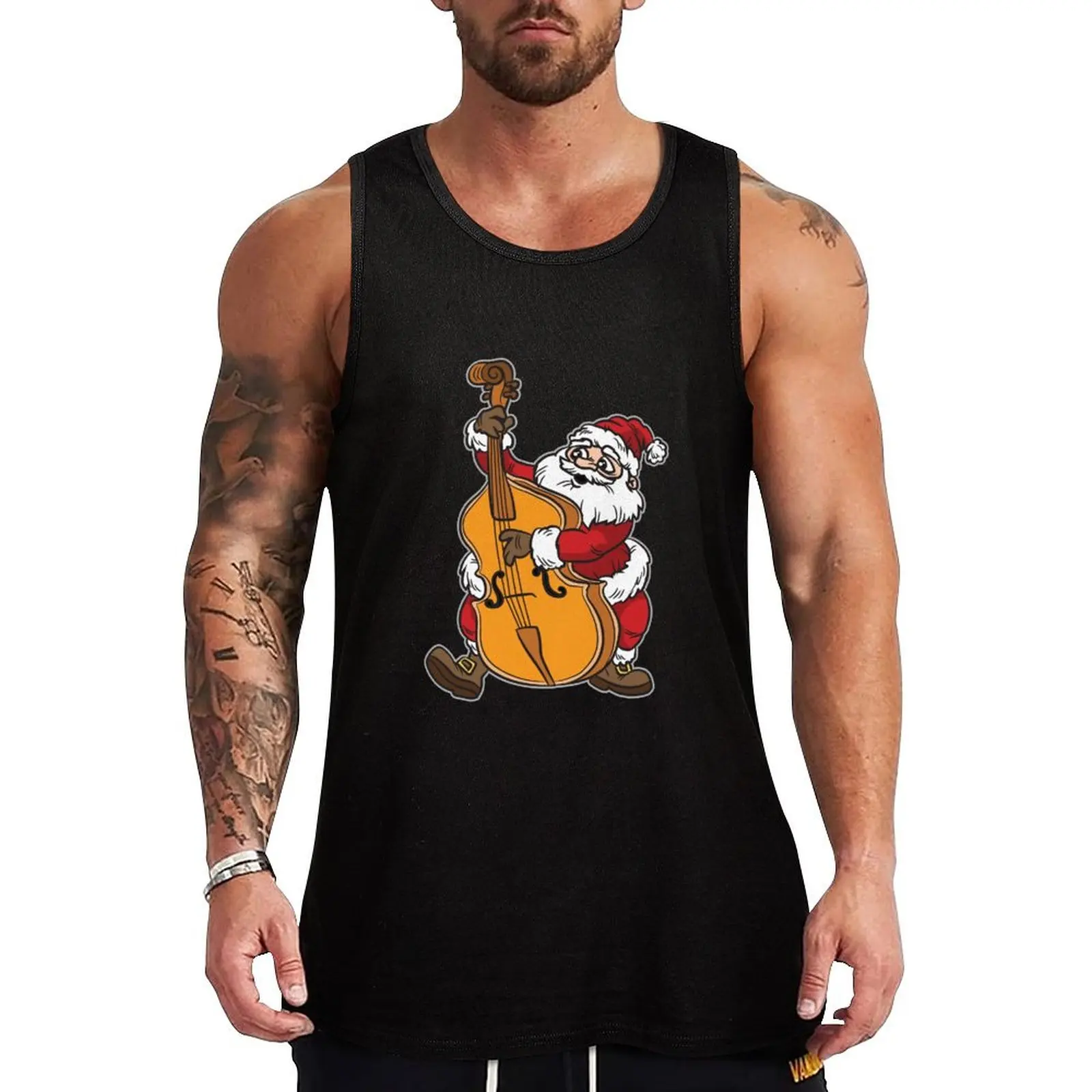 

Santa playing the Double Bass Player Musician Tank Top Sports shirt man Man summer clothes Vest for boy gym top