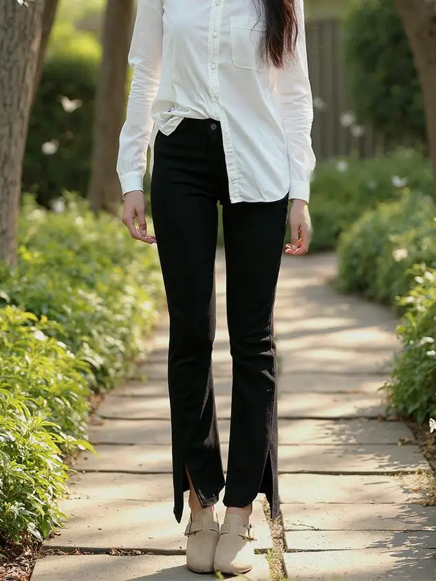 

Джинсы с расклешенным подолом и разрезом, женские неэластичные повседневные свободные брюки с высокой талией, модные женские брюки, удобные винтажные осенние черные брюки