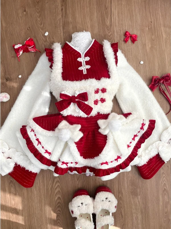 الشتاء احتفالي الحلو فتاة Cisas السنة الجديدة المخملية درع منتفخ تنورة المرأة Faion مجموعة المحملة قطعة زر متابعة طويلة Sve #3