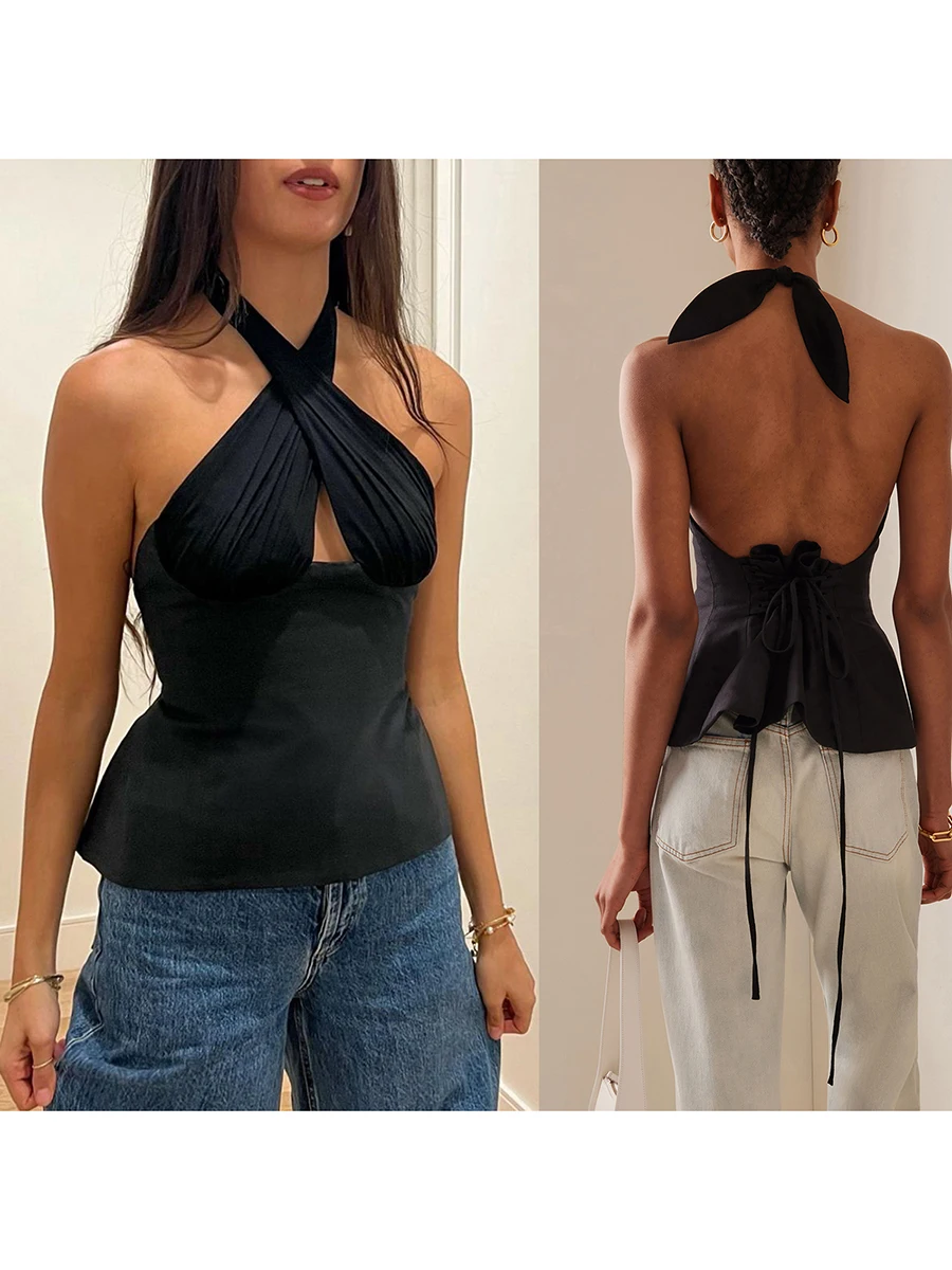 Women Halter Neck Sleeveless Tank Top Summer Sexy Going Out Slim Fit Ruched Bust Backless Crop Tops Streetwear