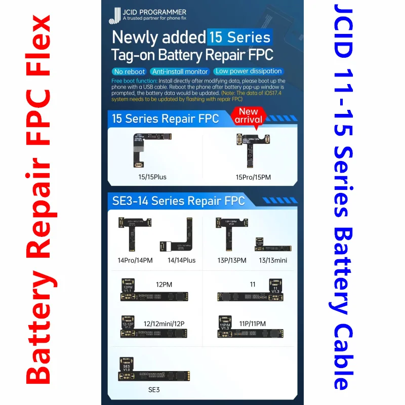 JCID Etiketli Pil Flex Kablo iPhone 11 12 13 14 15 Serisi Onarım