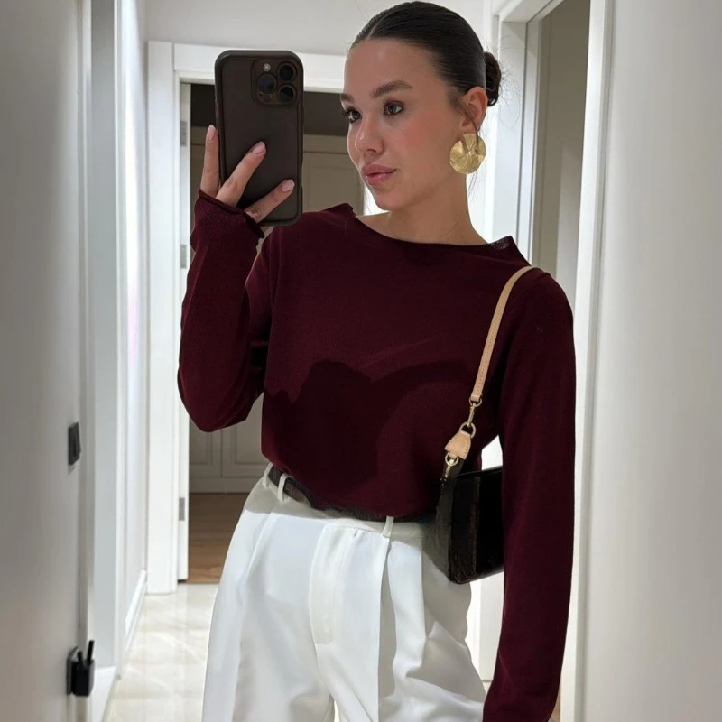 

Spring and Summer New Products Versatile Large Crew Neck Knitted Long-sleeved T-shirt Sweater Top Long-sleeved Loose Crew Neck