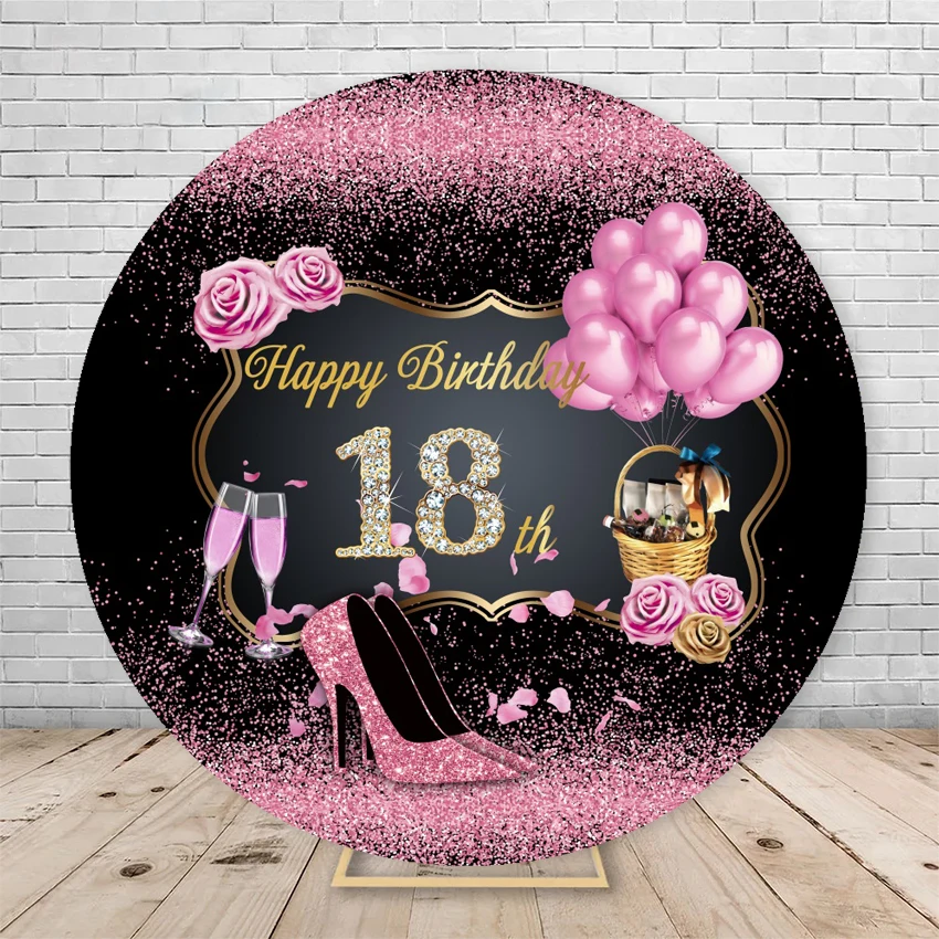 Happy Birthday Party Round Backdrop Cover Gold Pink Glitter Balloons High Heels Custom Circle Photography Background Decor Props