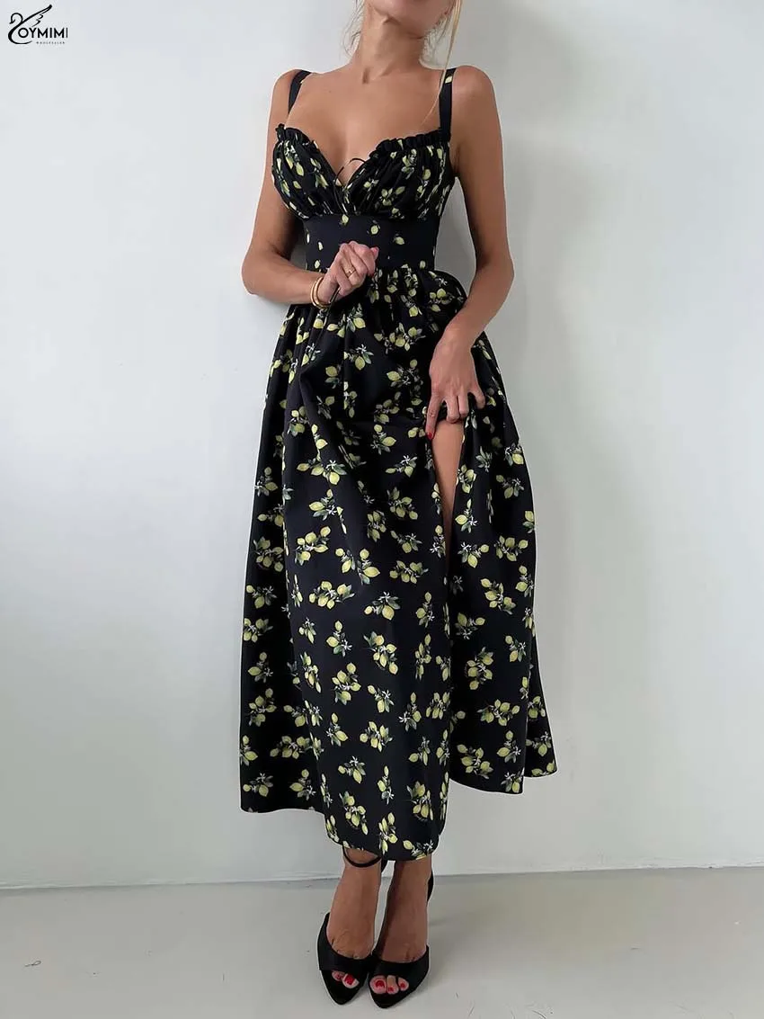 

Oymimi Elegant Black Print Dresses 2025 Woman Casual Spaghetti Strap Lace-Up High Waisted Dresses Fashion Side Slit Loose Dress