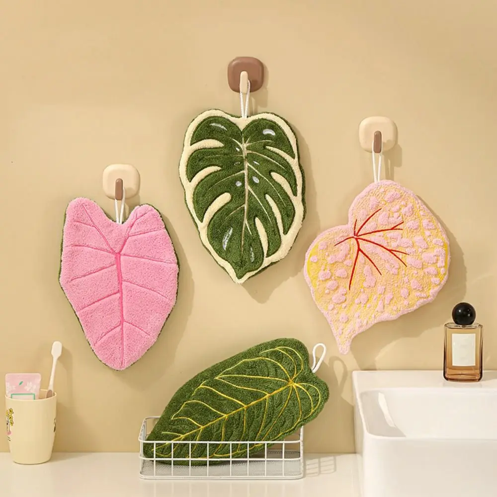 منشفة يد ناعمة بطبقة مزدوجة على شكل أوراق شجر ماصة سميكة معلقة من قماش اليد سرعة منديل جاف للحمام المطبخ #1