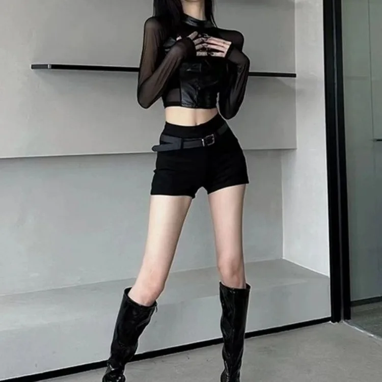 Harajuku Sexy Crop Top Black Leather T-shirts 2024 Autumn New Slim Fit Tee Shirt Y2k E-Girl Long Sleeve Mesh Tops Women