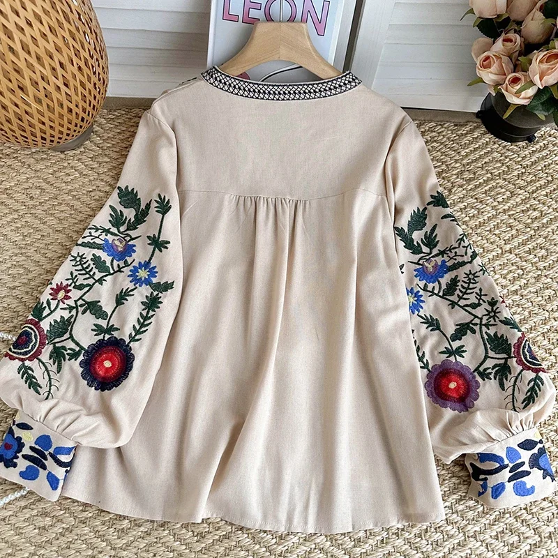 Women Spring Blouse Ethnic Style Retro Literature Loose Embroidered Cotton Linen Round Neck Pullover Shirt Casual Top A21