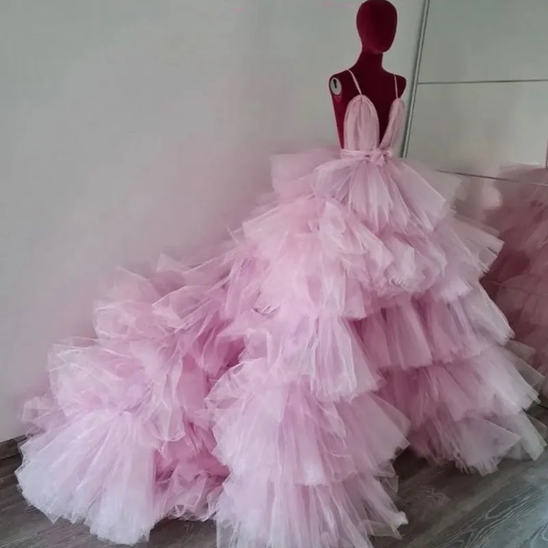 Real Image Pink Fluffy Tiered Tulle High Low Prom Gowns High Quality Puffy Tulle Bridal Dresses Handmade Formal Dresses