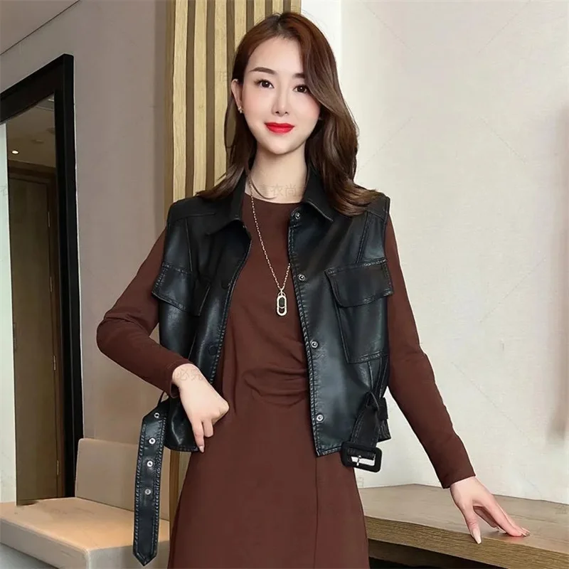 Hong Kong Style Leather Vest Female Spring Autumn 2023 New Fashion PU Leather Jacket Women\'s Vest Waistcoat Locomotive Clothing