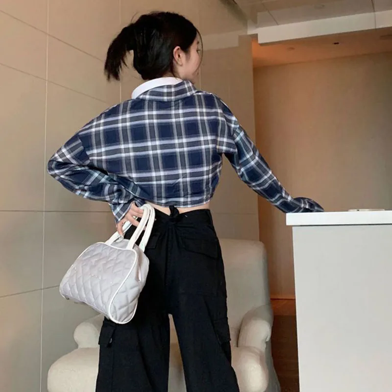 Xpqbb Vintage Plaid Shirts for Women Korean High Waist Loose Cropped Blouse Ladies Fashion Streetwear Sun Protection Crop Tops