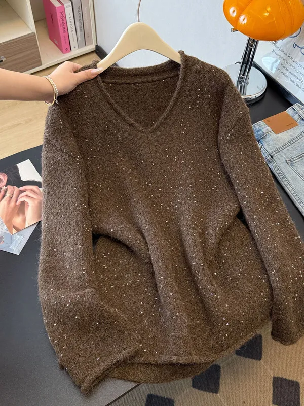 

Korean Japanese Large Size Knitted Sweater Women's Fashion Casual Design Glitter V-neck Long Sleeve Winter Top