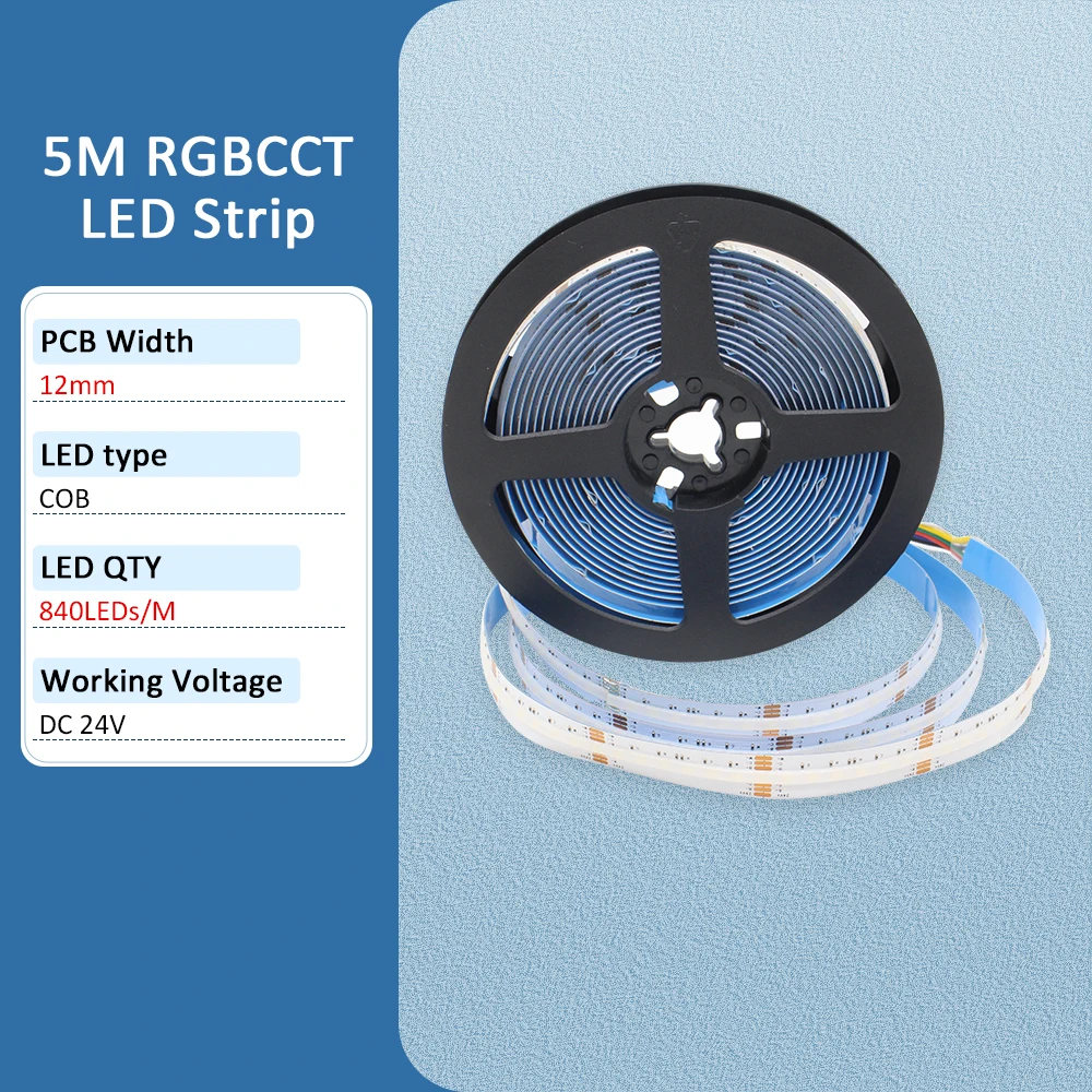 5M Cob Rgbcct Led Strip 24 V 6 Pin 12Mm 840 Diodes Rgb Cct Ww Cw 24 Volt Flexibele Led Streep Neon Tape Lint Lamp Voor Kamer Decor