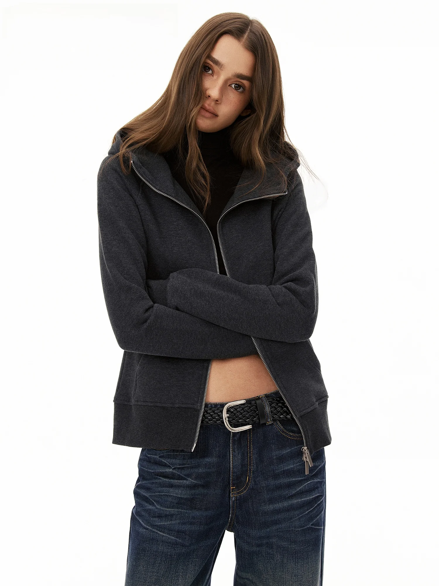 Burgenland Double Zipper Fleece Lined Hooded Slim Fit Waist Cinching Cardigan Women's Autumn Winter Outerwear Casual Style