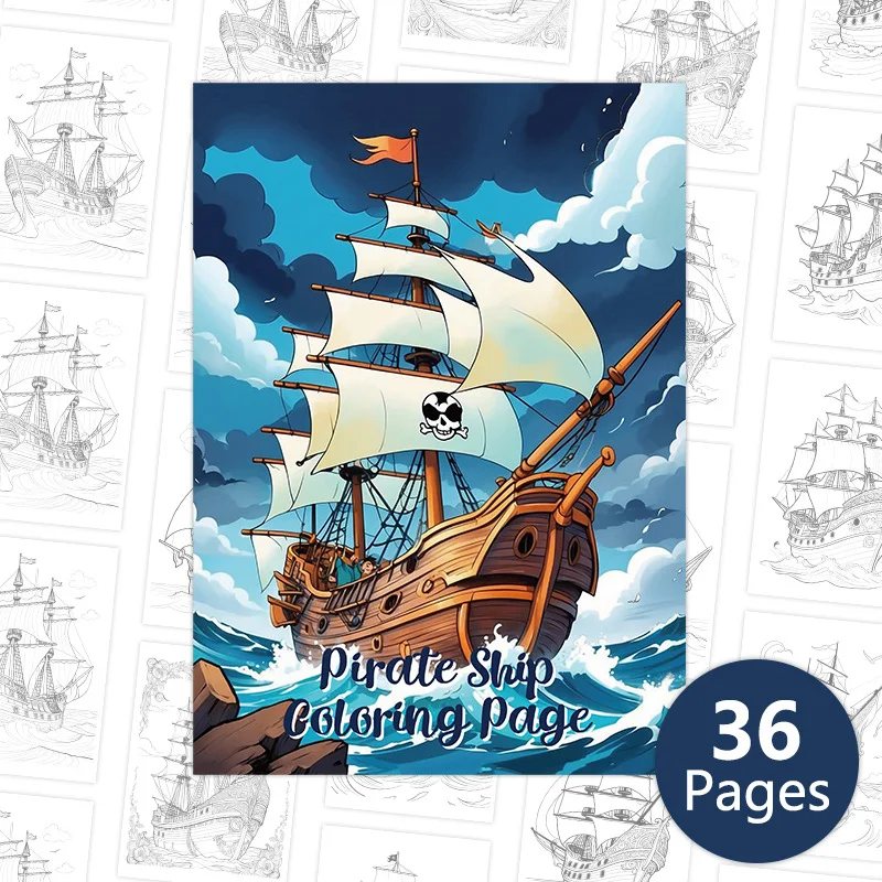 Libro para colorear de barco pirata, ilustración dibujada a mano de aventura náutica para actividades artísticas creativas y exploración temática de mar