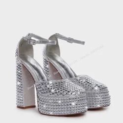 Moraima Snc Silver Crystal Platform Sandals Pumps Ankle Buckle Solid Shoes Sandals For Women Chunky High Heel Zapatillas Mujer