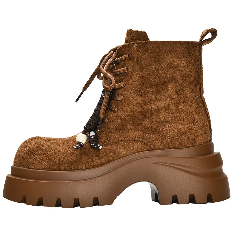 Nuevos botines de suela gruesa de otoño para mujer, botines de plataforma de PU de gamuza con cordones, zapatos cómodos informales de moda Camel