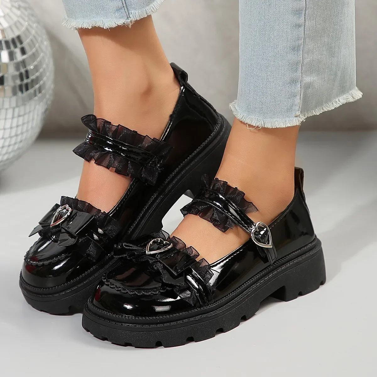 Mary Jane Shoes for Women Rimocy Chunky Platform Patent Leather Lace Ankle Strap Pumps Woman 2025 Spring White Lolita Shoes 44