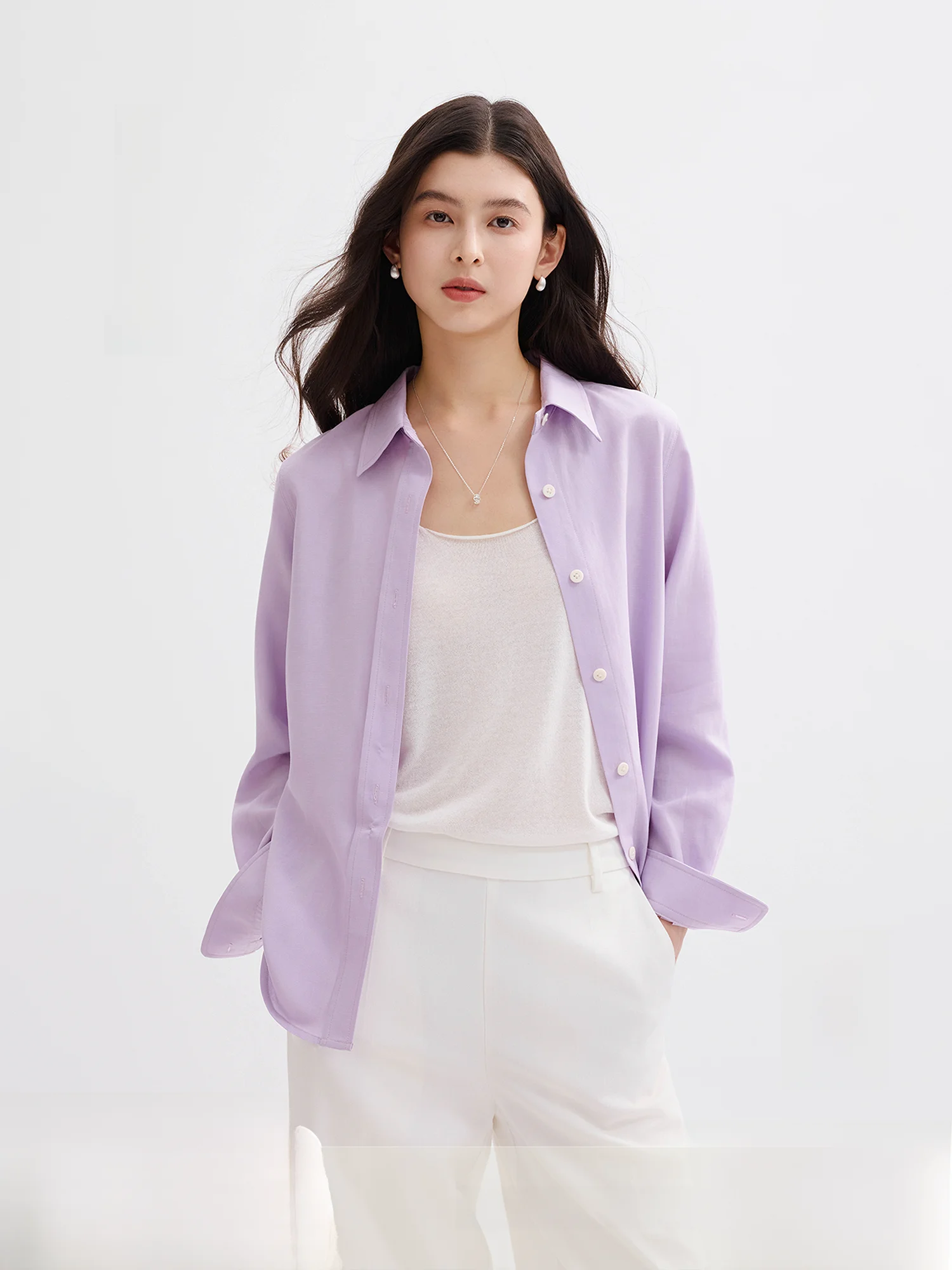 

Slim Fit Linen irt RAYON Blend Smooth Breathable Sword Head Sve Slit Double Pleat Design Women's Busin Casual irt