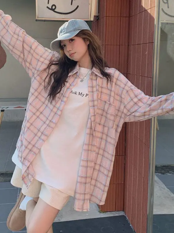 

Pink Plaid Collar Long Sleeve Shirt Jacket Women's Spring Autumn Loose Premium Feel Top Korean Style Commute Fashion