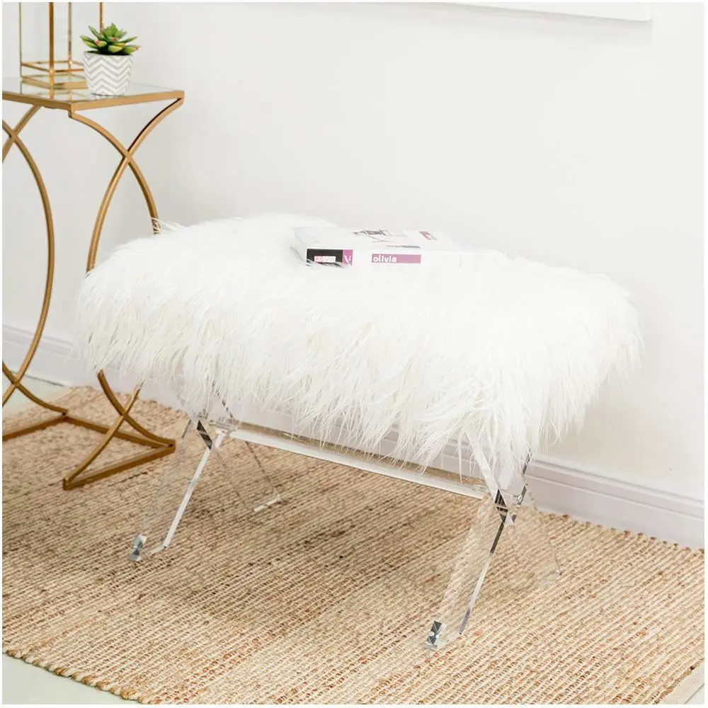 White Faux Fur Ottoman Bench, Modern Ottoman Footrest Stool Vanity Stool with Acrylic Legs Accent Bench for Entryway Living Room