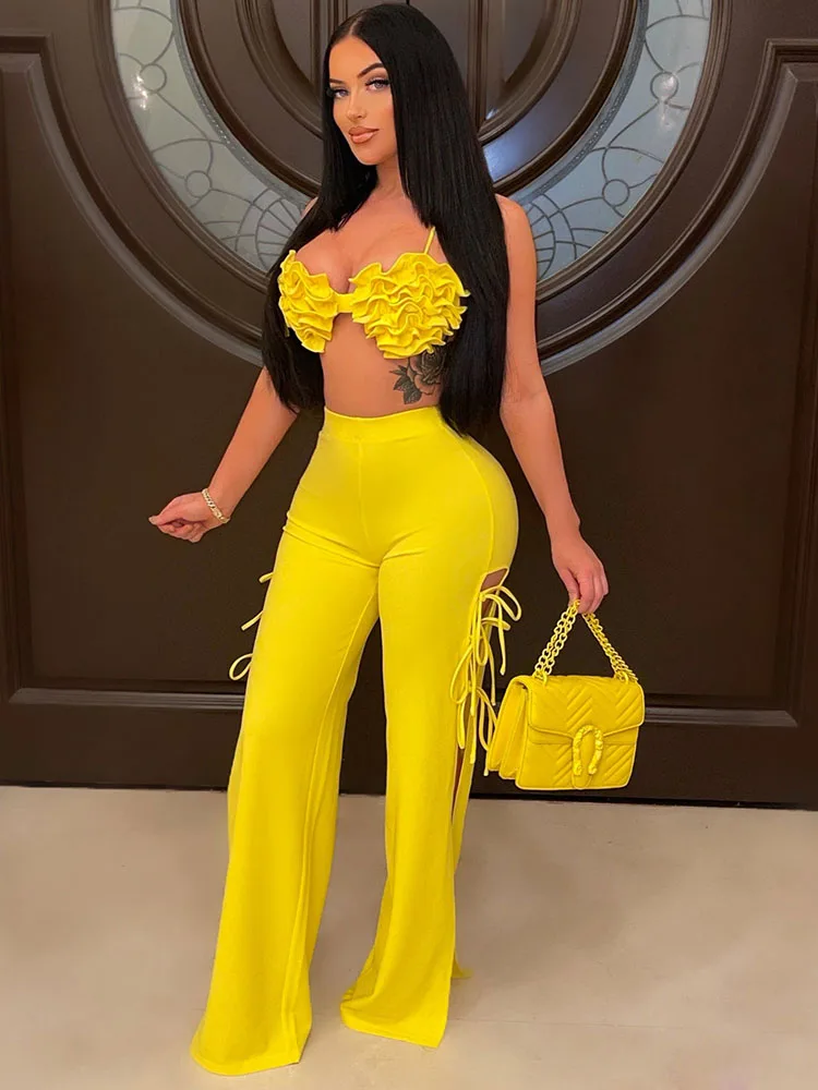 2022 Summer Women 2 Piece Set Floral Bra Tops and High Side Split Lace Up Wide Leg Pants Set Sweatsuit Tracksuit Outfits