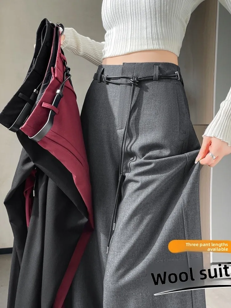 Gray Slim Fit Suit Pants High Waist Wide Leg Casual Floor Length Women's Fashion Autumn 2026 Commute Style Pocket Detail