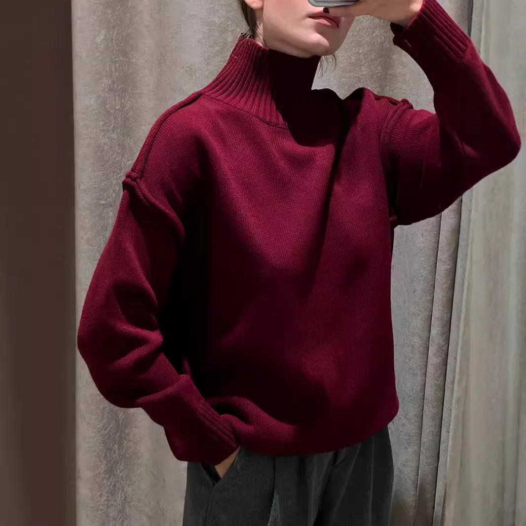 

Spliced Turtleneck Sweater for Women European and American Autumn and Winter Casual Loose Thickened Sweater Knitted Pullover