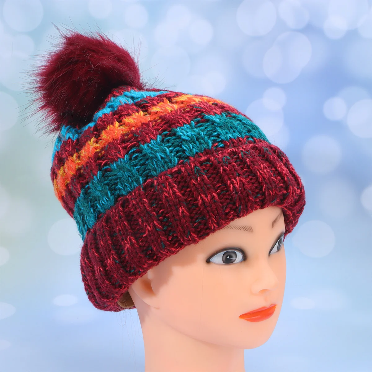 

Women Warm Knitted Beanie Hat Ball Color Matching Wool Winter Cap For Stylish Headgear Autumn Festival Gift