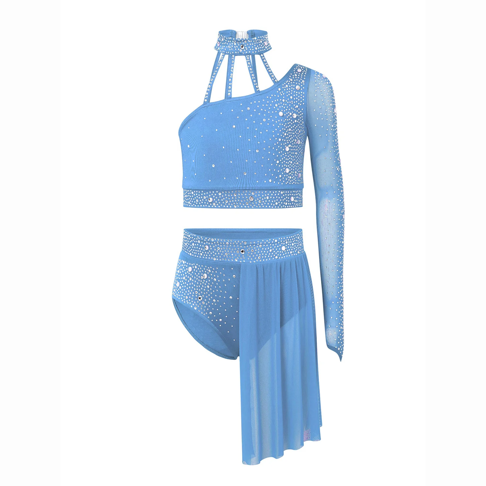 Kids Girls Contemporary Modern Lyrical Ballet Dance Outfit Sheer Mesh Long Sleeve Shiny Rhinestone Crop Top with Irregular Skirt