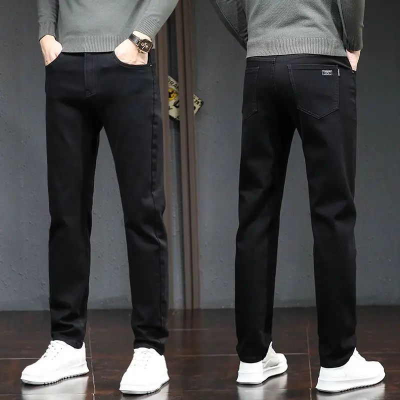الرجال الخريف الشتاء مطاطا الدينيم الجينز الصلبة متعددة جيوب الأعمال السراويل سليم صالح ارتداء اليومي ركض منتصف الخصر بنطلون