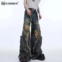 LUZHEN Fashion Wornout Splicing Burr Edge Design Street Denim Pants Men 2025 New Trendy Personalized Original Male Jeans LZ3976